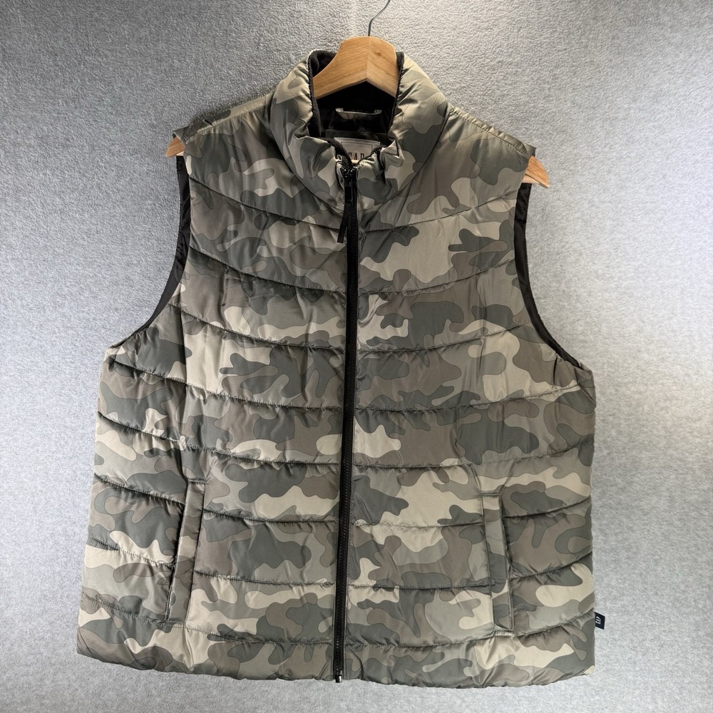Gap Mens Puffer Vest Size XL Green Camo Cold Control Water Resistant Quilted